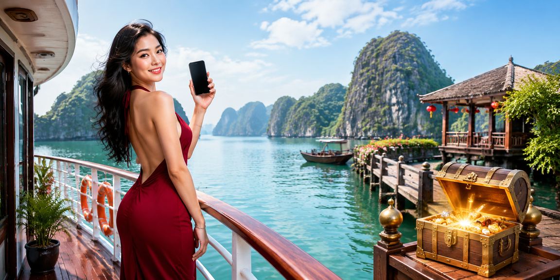 Người dùng Hạ Long truy cập 123bg trên điện thoại bên vịnh biển